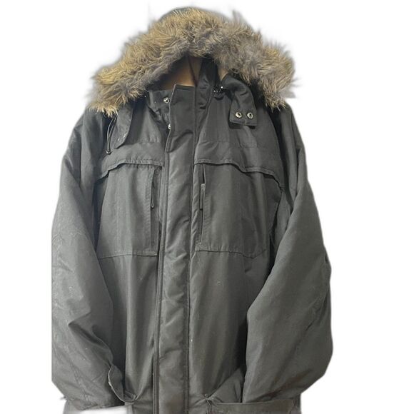 KingSize 4XL Tall Black Parka Coat Faux Fur Hood Heavy Winter Jacket - Picture 1 of 12